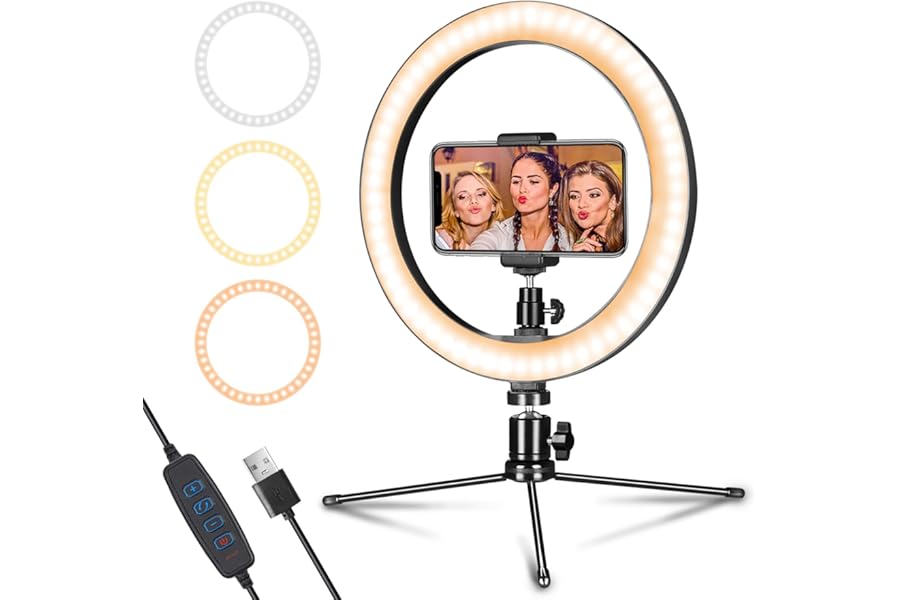 LED Dimmable Desk Makeup Ring Light 10" with Tripod Stand & Phone Holder for Live Streaming & YouTube Video,Photography, Shooting with 3 Light Modes & 10 Brightness Level