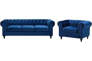 ‎BELIANI Klassisches Set Sofa Sessel Samtstoff Chesterfield Stil blau Chesterfield