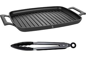 Stone&Stone Griglia Bistecchiera rettangolare 47cm | Piastra PROFESSIONALE fondo induzione in Acciaio | Antiaderente Tedesco | per forno grigliate bbq gas super resistente e antiaderente + pinza