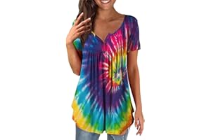 SCBFDI V Neck Tops for Women UK, Women's Tunic Tops Casual Blouse Henley Neck Summer Casual Tie Dye Tee Top Button Up T Shirts Short Sleeve Pullovers