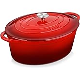 Velaze Cast Iron Saucepan 34 cm, Red Oval Anticorrosive Enameled Dutch Saucepan with Lid, for Braised Kitchen, Paella, Large