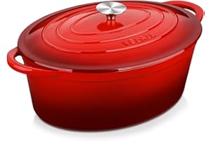 Velaze Casseruola in Ghisa, Pentola a Induzione per Stufati e Brasati, Cocotte Casseruola con Coperchio in Rivestimento Smaltato, Forno Olandese, Rosso, Ovale - 34 cm, 7 L