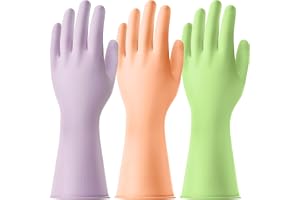 AUAUY 3 par återanvändbara hushållshandskar, hudvänliga handskar med halkfritt handtag vattentäta gummihandskar för köksarbete hushållsrengöring diskmaskin grön orange + lila-L