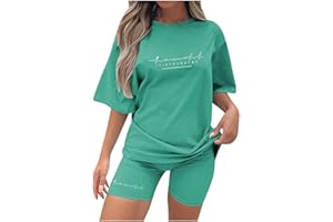 EMATOP Sommer Kurzarm Top Shorts Set für Damen Casual Freizeitanzug Rundhals Einfarbig Lose Sportbekleidung Zweiteiler Briefdruck Jogginganzug Outfits Kleidung Streetwear