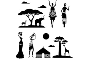 PLIGREAT Africa Tribe Women Wall Decal, Africa Foreset Wall Sticker with Elephant Giraffe Black Removable Waterproof Decals Art for Living Room Bedroom Window Decoration 75x35 cm