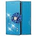 Produktbild Shinyzone Flip Brieftasche Hülle für LG G7/LG G7 ThinQ,Geprägt PU Leder Ständer Handyhülle mit Kartenfächer,Handgefertigt Funkeln Diamant mit 3D Blumen Magnetverschluss Schutzhülle,Blau