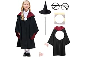 HVIERO Costume Magicien Enfant 4-13+ ans Deguisement Sorcier avec Cravate, Baguette Magique, Lunette, Écharpe Kit Accessoires Déguisement Cape Sorcier Enfant pour Carnaval Robe de Sorcier