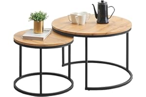 Soayone Couchtisch 2er Set, Moderne Couch Tisch mit Schwarz Metallgestell, Couchtisch Eiche, Couchtische Rund Schwarz, Living Room Table, Kaffeetisch, Wohnzimmertisch Holz 70x70x45 & 50x50x35 cm
