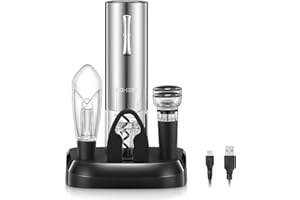FOHERE Korkenzieher Elektrisch, mit Folienschneider, Ausgießer, Vakuumpumpe, und Ladestation, Kabelloser Elektrischer Korkenzieher, Weinöffner Set, Wein mit Geschenkbox