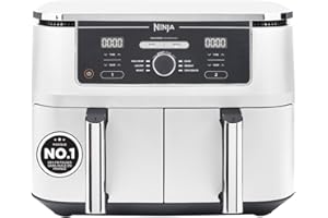 Ninja Foodi MAX Dual Zone Air Fryer, 2 Tiroirs, 9,5L, 6-en-1, Sans Huile, Air Fry, Croustillant Max, Rôtir, Cuire, Déshydrater, 8 Portions, Paniers Antiadhésifs Vont Au Lave-Vaisselle, Blanc AF400EUWH