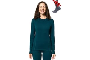 Merino.tech Damska warstwa bazowa z wełny merynosów – 100% wełna merynosowa ciężka, średniej wagi, lita koszula termiczna z długim rękawem i skarpety