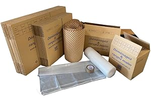 DRESSING MALIN Kit déménagement T2 complet – 43 pièces : 15 cartons standard (57L), 15 cartons livres (28L), 10 papiers bulle biodégradables 0,5x1 m, 1 adhésif 68 m, 1 sac fourre-tout 150L, 1 film bulle 0,5 x 10 m