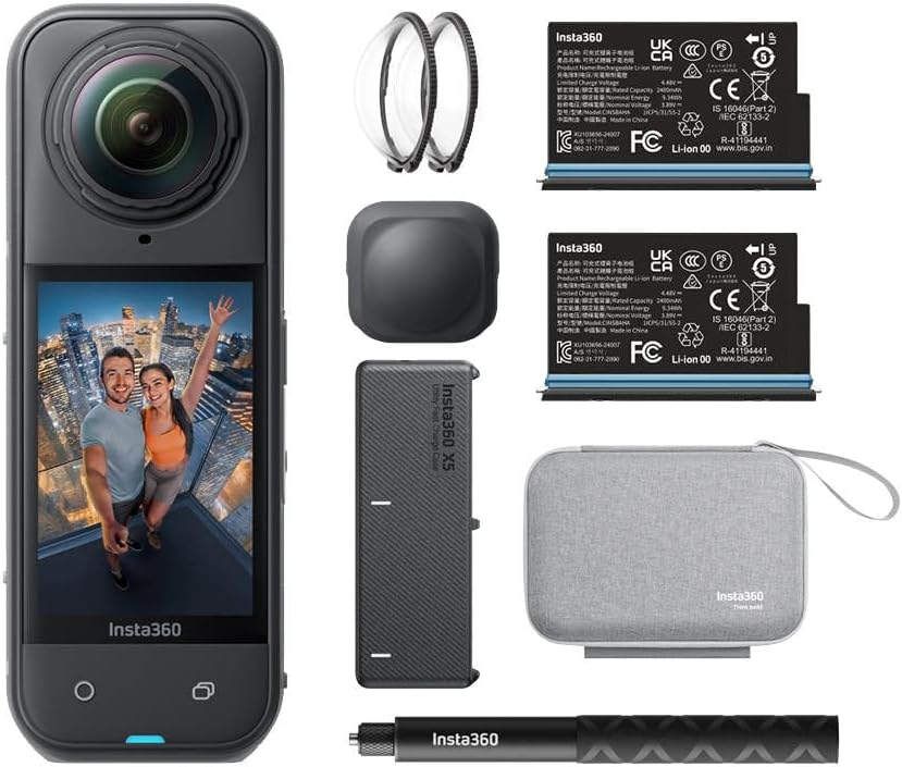 insta360 X5 Essentials Paketi - Su Geçirmez 8K 360° Aksiyon Kamerası, Önde Gelen Düşük Işık, Görünmez Selfie Çubuğu Efekti, Sağlam ve Değiştirilebilir Lens, 3 Saatlik Pil, Dahili Rüzgar Koruması