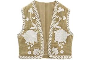 WANGSCANIS Women Vintage Floral Embroidered Vest Y2k Sleeveless Open Front Waistcoat Boho Flower Cardigan Vests Crop Top