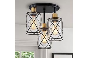 ‎WUZUPS WUZUPS Kronleuchter halbbündig industrielle 3-flammige Deckenleuchte klar gesägter Glasschirm für Eingangsbereich Veranda Foyer Küche Esszimmer Badezimmer, w29 h34, e27 Sockel schwarz mit Messing