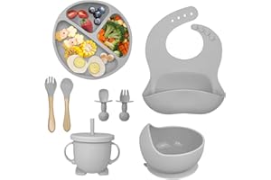 Hoidokly Baby Teller Kindergeschirr Sets, 8 Stücke Silikon Baby Geschirrset Mit Saugnapf Rutschfest Babyteller Schüssel mit Lätzchen Löffel Gabel Abwaschbar BPA Freie Babygeschirr für Baby(Grau)
