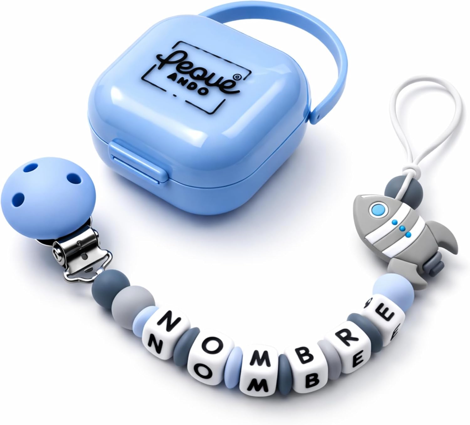 PEQUEANDO Sujetatetinas Cadena Personalizada con Nombre Hecho a Mano en España Chupetero de una Sola Pieza Regalo para Nacimiento y Baby Shower | Mas modelos (Pack Portachupete Azul)