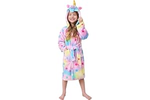 YLLSOPHAN Girls Hooded Unicorn Bathrobe Robe Dressing Gown Nightwear Fleece Attached Belt Knee High Length