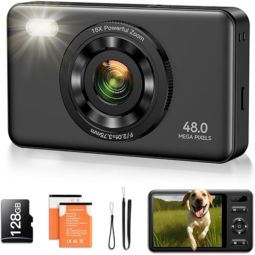 Vaktare Gud Digital Camera with 128GB SD Card Autofocus 48MP 2.7K Cameras for Photography 16X Digital Zoom Anti Shake 2 Batteries Kids Camera for Beginner Boys Girls Teens Gift-Black