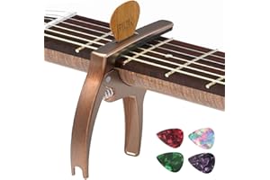 TANMUS Capodastre 3 en 1 en zinc pour guitare acoustique et électrique (avec support de médiator et 4 médias), ukulélé, mandoline, banjo, accessoires de guitare classique 3.52in×3.24in×0.45in bronze