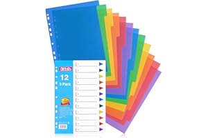 WINKIO File Dividers A4, 12 Part Folder Dividers, 3 Pack Pre-Punched Leverl Arch Folder in Assorted Colours, Plastic Binder Dividers (Color tabs)