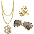 NewZC 80s 90s Hip Hop Fancy Dress Accessories Set with Gold Dollar Sign Necklace Gangster Pimp Rings and Rapper Gold Sunglasses Women Men Gold Digger Costume for Masquerade Party Carnival Concert