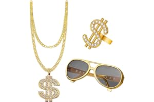 NewZC Zuhälter Kostüm Set Goldene Dollar Kette & Ring Brille Persönlichkeit halloween Hip Hop Kostüm Kit Herren 80er 90er für Faschingszubehör Mottopartys