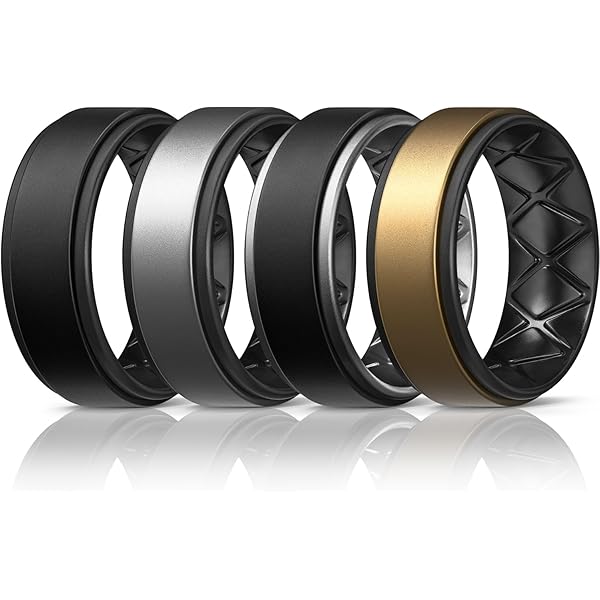 ROQ Silicone Rings For Men - 4 Pack Breathable Wedding Bands, 8mm Beveled Edge, Size 12 (Black Camo, Black, Grey, Silver) - View #9