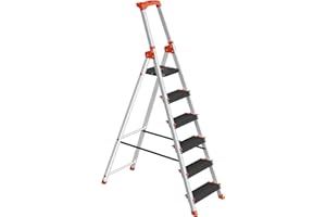 SONGMICS Échelle 6 Marches, en Alliage d'Aluminium, Escabeau, Largeur de la Marche 12 cm, Pliable, Plateau à Outil, Pieds Antidérapants, Capacité de Charge 150 kg, Noir et Orange GLT06BK