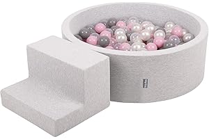 KiddyMoon Area di Gioco in Schiuma con Tondo Piscina di Palline (200 Palline) per Bambini, Grigioch:Perla/Grigio/Trasparente/Rosa Chiaro