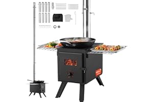 VEVOR Träspis, 218 cm, campingtältspis i legerat stål, bärbar vedspis med skorstensrör och handskar, 1 400 in³ eldlåda varm tältspis för utomhusmatlagning och uppvärmning med 8 rör