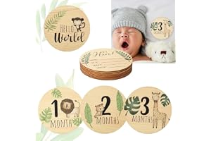Baby Monthly Milestone Cards, Wooden Baby Monthly Milestone Cards with Announcement Sign, Double Sided Animals Marker Wooden Circles Discs, Newborn Photography Props to Document Baby´s Growth (7 Pcs)
