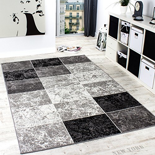 Designer Teppich Kariert in Marmor Optik Meliert Grau Schwarz Weiss Preishammer, Grösse:160x230 cm