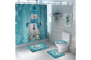 ChYoung 4 STÜCKE Weihnachten Bad Sets Schneemann Weihnachtsmann Duschvorhang / Badematten Teppiche / U-förmigen Podest Matte / Toilettensitzbezug (A6)