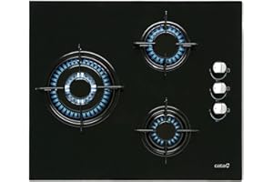 Cata Placa Cristal Gas, Modelo CIB 6021 BK, 3 Fuegos, Ancho 59 cm, Encimera de Gas Butano, Acabado en Cristal Negro