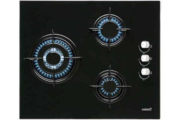 Cata Placa Cristal Gas, Modelo CIB 6021 BK, 3 Fuegos, Ancho 59 cm, Encimera de Gas Butano, Acabado en Cristal Negro