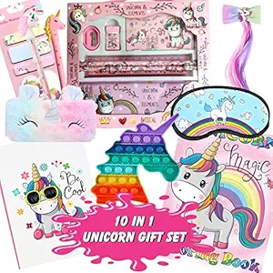 INDIKONB 10 in 1 Unicorn Gifts for Girls | Unicorn Theme Birthday gift for kids Age 6-8 years , 10-12 year old | Unicorn Diary , Unicorn Stationery Set , Sticky Notes , Eye Mask , Coloring Book , Wax Color , Unicorn Pop It , Hair Accessories , Feather Pouch , Pencil , Pen , Gift item for Birthday and Return Gifts