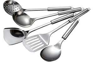 SDFLKAE Lot de 5 ustensiles de cuisine en acier inoxydable - Gadgets - Ustensiles de cuisine résistants - Comprend une cuillère fendue, une spatule fendue, une grande cuillère, une cuillère à soupe, une