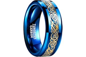 VAKKI 8mm Gold/Silver Celtic Dragon Tungsten Carbide Ring for Men Wedding Band with Blue/Black Carbon Fiber Inlay Size J 1/2-Z+3