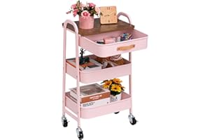 DOEWORKS Chariot de Rangement Métal avec Tiroir Chariot de Service 3 Niveaux Desserte Chariots Cuisine Chariots de Service Roulant pour Chambre Salle de Bain Bureau, Rose