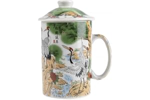 Lachineuse - Tisanière Chinoise Paysage - Tasse à Infusion en Porcelaine - Avec Infuseur & Couvercle - Peinture Chinoise avec Oiseaux de Longévité - Vaisselle Traditionnelle de Chine - Idée Cadeau Thé