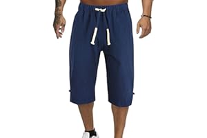 Minetom Homme Été Pantalon en Lin Lâche Capri Shorts Bermudas 3/4 Pantacourt Baggy Cargo Pants Large Cordon de Serrage