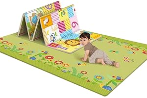 Jbsceen Alfombra de Juego para Niños XXXL, Colchoneta Plegable Suelo Bebé de LDPE, de Doble Cara y Impermeable -León + Mundo Verde, 180 x 100 x 1cm