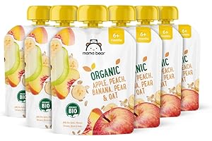Marchio Amazon - Mama Bear Pouch Puree di Mela, Pesca, Banana e Pera Biologiche, con Farina di Avena Biologica, Vegetariano, 90g, Confezione da 6