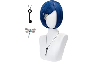 ANIMACOSER Cosplay Perücke für Frauen, Dunkelblauer Bob-Haarschnitt, Kurz und Glatt, aus Synthetischen Fasern, inklusive Schlüsselanhänger und Libellen-Haarspange für Halloween-Kostüm und Cosplay-Party