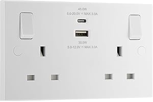BRITISH GENERAL BG Electrical 45W Double Switched Power Wall Plug Socket with Super Fast Charge Type A & C USB Charging Ports, Square Edge, Nexus 900 Series, White Moulded, 13A, 922UAC45