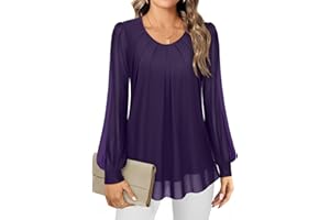 Gemulate Women's Blouses Ladies Long Sleeve Tops Chiffon Tops for Women UK Crew Neck Pleated Front Loose Fit Ladies Top Flowy Double Layered Mesh Shirts M-3XL