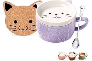 BigNoseDeer Gifts for Women Her Cute Kawaii Purple Cat Coffee Mugs with Lids Spoon,Novelty Animal Coffee Ceramic Cup Dessert Saucer Set,Christmas Japanese Birthday Gifts for Girls Friend Kid