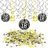 adornos 18 cumpleaños El paquete contiene 15 cuentas de remolinos colgantes con cartulinas y serpentinas de papel de aluminio "18", 1 paquete de confeti metálico número 18 y paquete de confeti "FELIZ CUMPLEAÑOS", una forma perfecta de personalizar las decoraciones de cumpleaños número 18 o las decoraciones de cumpleaños número 18.
