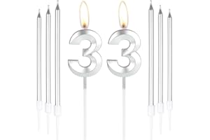 mciskin Silver 33 Birthday Candles-3D Number 33 Candle for Cake with 6pcs Long/Thin Candles Set,Silver Cake Topper for Women Men 33th Birthday Decorations Supplies,33th Wedding Anniversary Décor